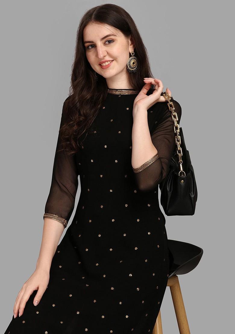 Black Floral Embellished Poly Blend Kurta Set