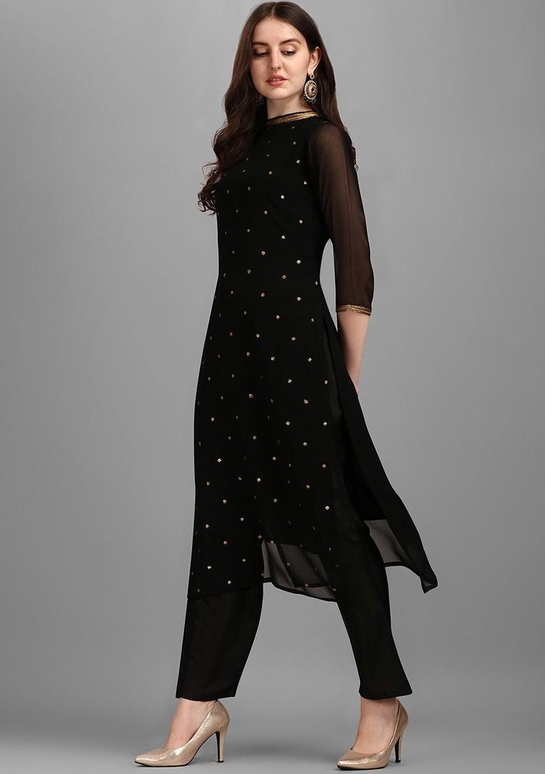 Black Floral Embellished Poly Blend Kurta Set