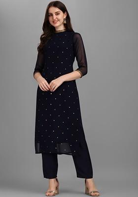 Navy Blue Sequin Embellished Poly Blend Kurta Set