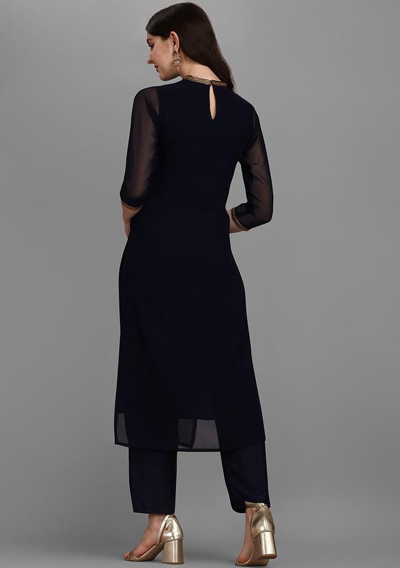 Navy Blue Sequin Embellished Poly Blend Kurta Set