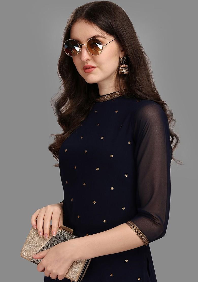 Navy Blue Sequin Embellished Poly Blend Kurta Set