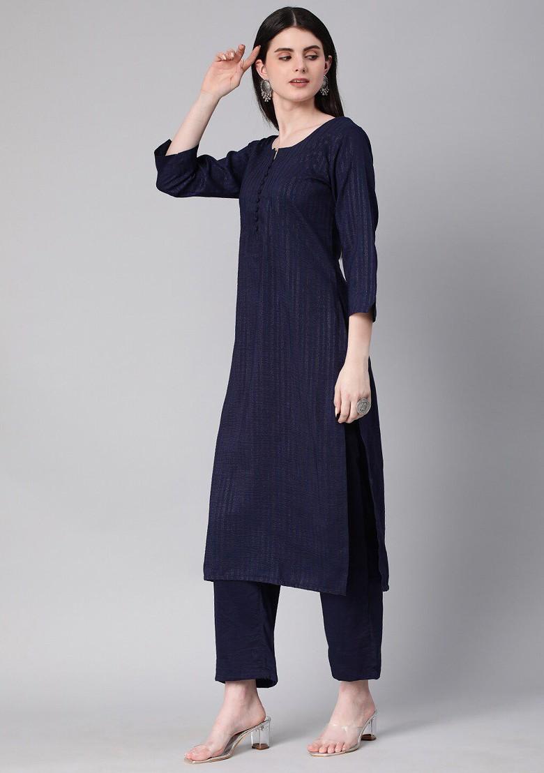 Navy Blue Striped Print Poly Blend Kurta Set