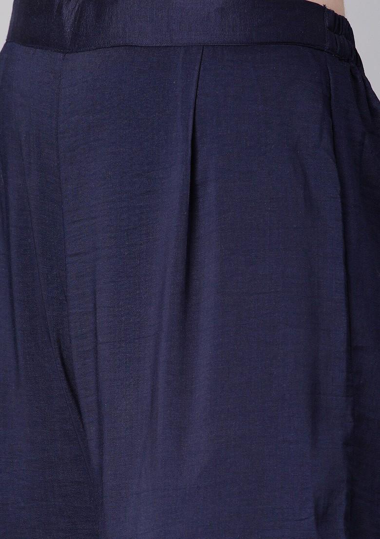 Navy Blue Striped Print Poly Blend Kurta Set