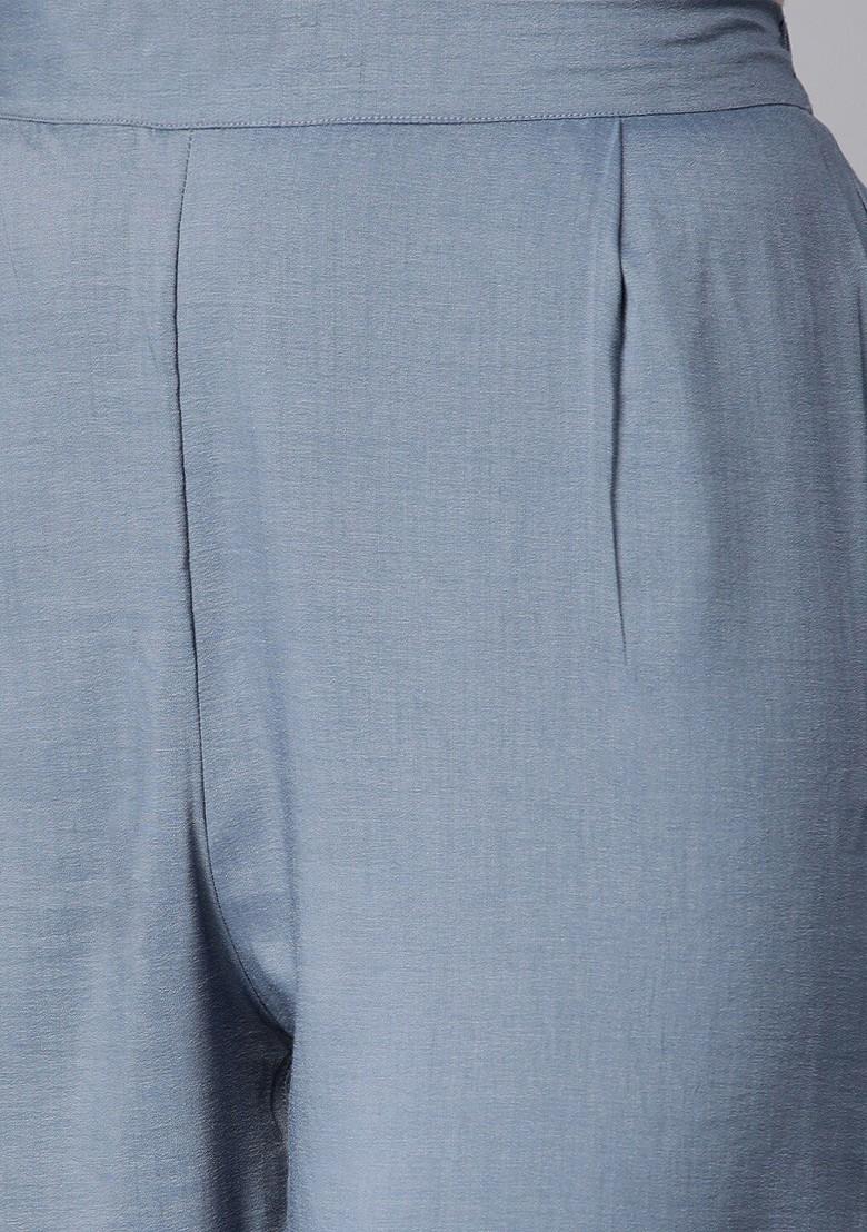 Grey Striped Print Poly Blend Kurta Set