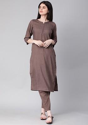 Brown Striped Print Poly Blend Kurta Set