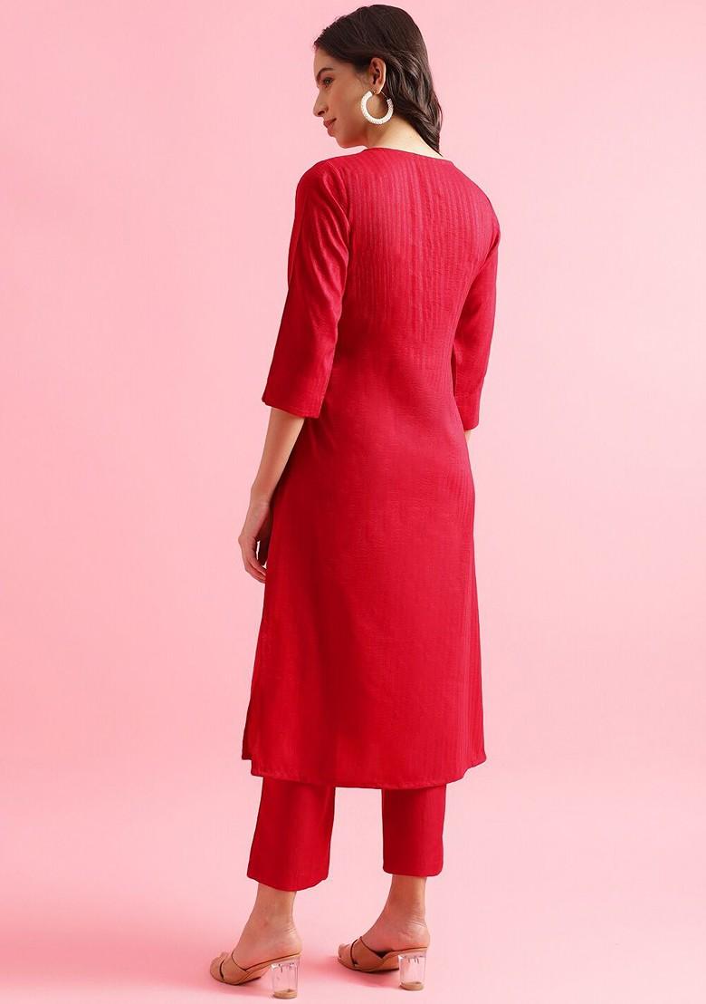 Magenta Striped Print Poly Blend Kurta Set