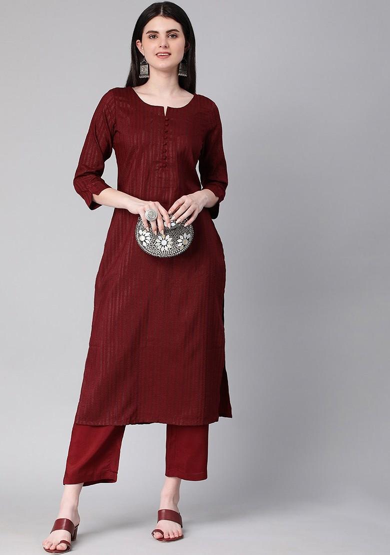 Maroon Striped Print Poly Blend Kurta Set