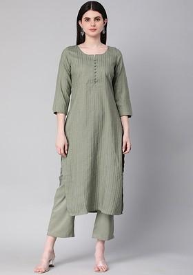 Green Striped Print Poly Blend Kurta Set