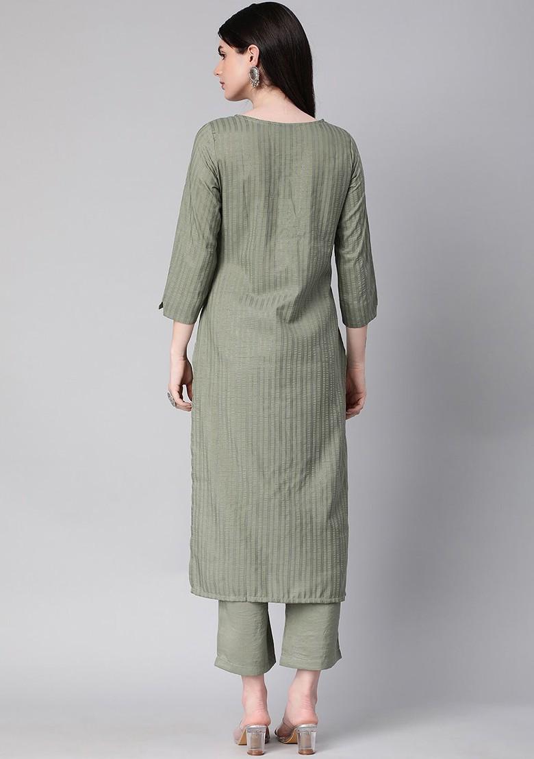 Green Striped Print Poly Blend Kurta Set