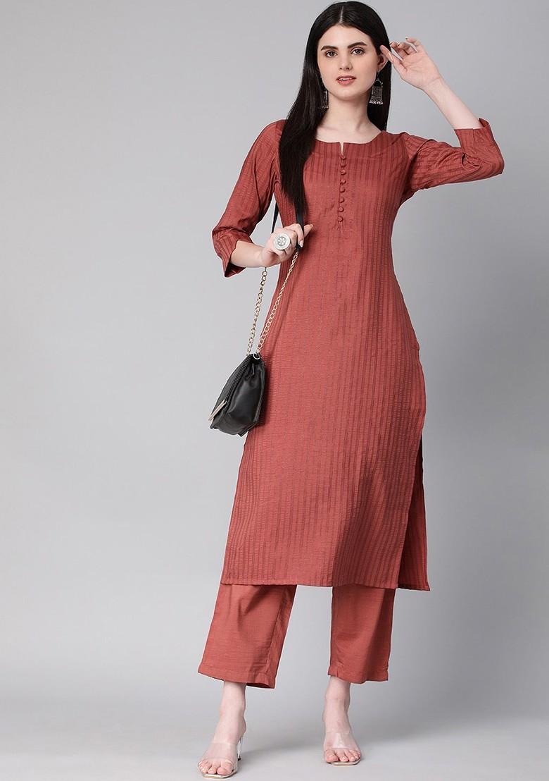 Rust Striped Print Poly Blend Kurta Set