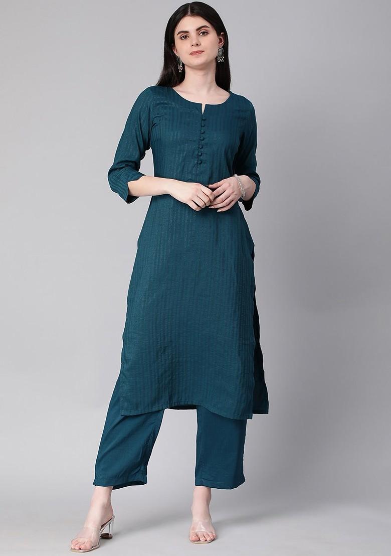 Teal Striped Print Poly Blend Kurta Set