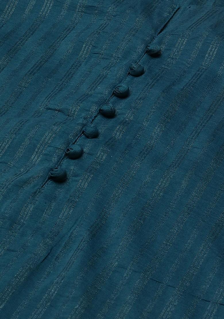 Teal Striped Print Poly Blend Kurta Set