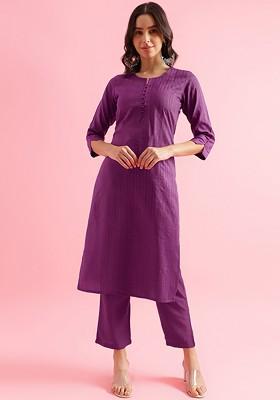 Violet Striped Print Poly Blend Kurta Set