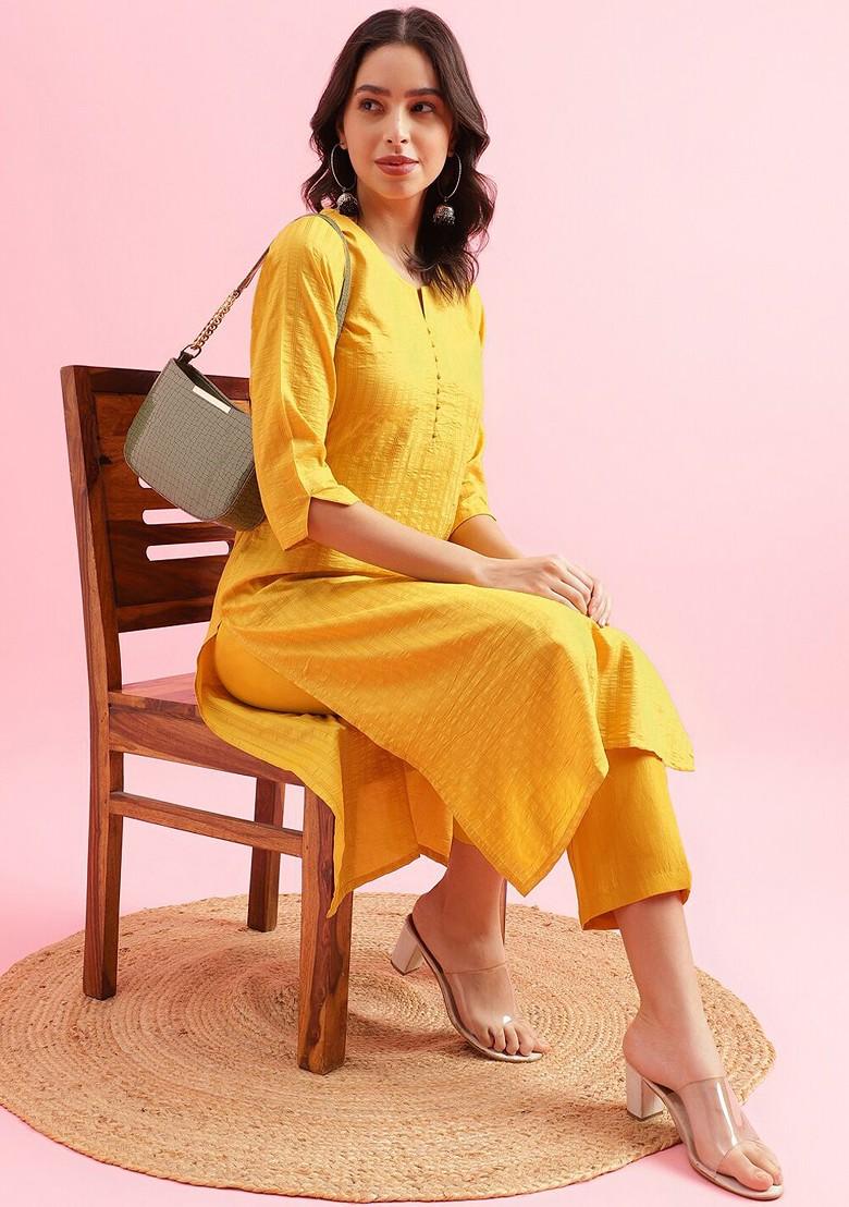 Yellow Striped Print Poly Blend Kurta Set