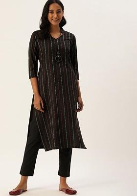 Black Printed Cotton Kurta Set
