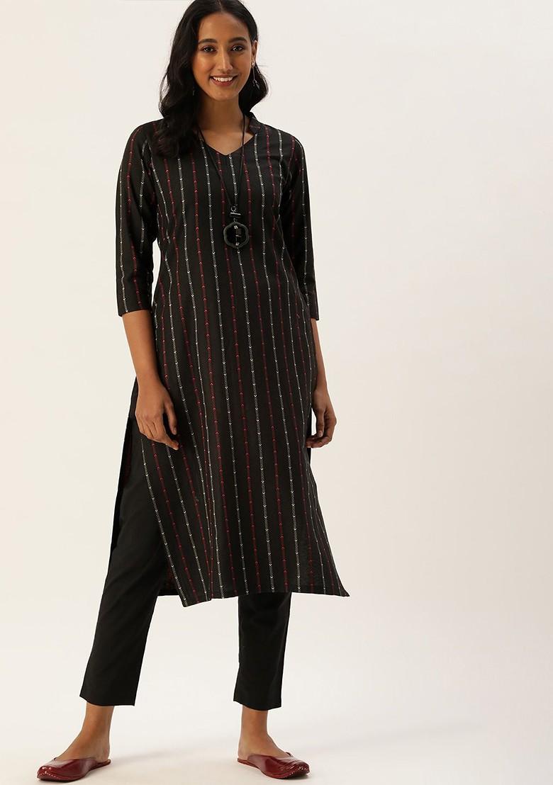 Black Printed Cotton Kurta Set