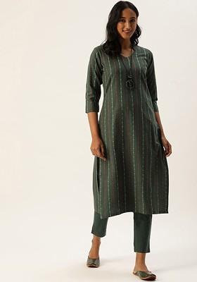 Green Striped Print Poly Blend Kurta Set