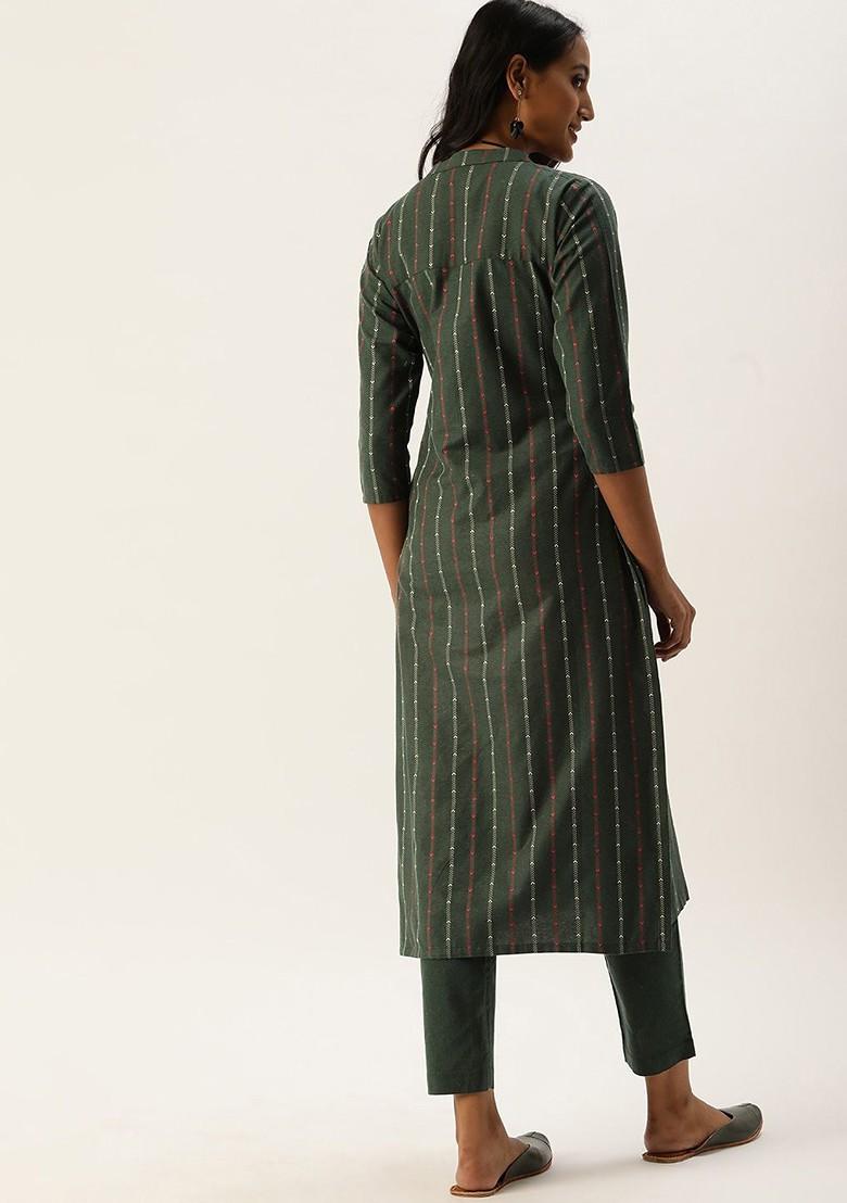 Green Striped Print Poly Blend Kurta Set