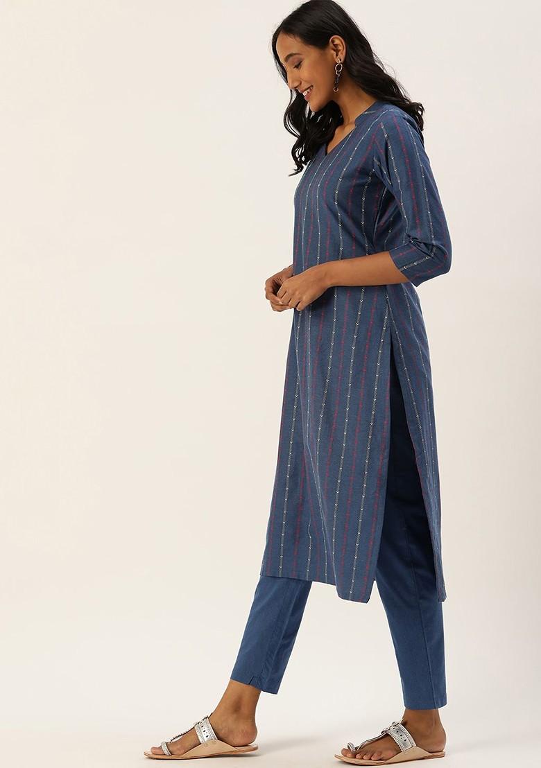 Blue Solid Poly Blend Kurta Set