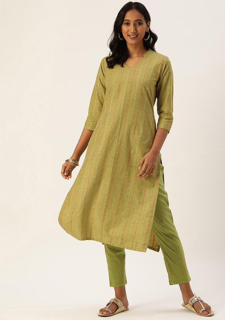 Olive Printed Cotton Kurta Set