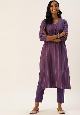 Violet Ethnic Motifs Embroidery Poly Blend Kurta Set