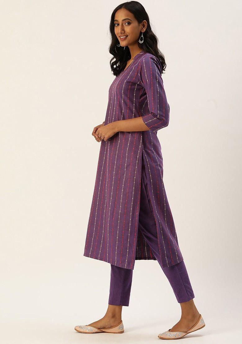 Violet Ethnic Motifs Embroidery Poly Blend Kurta Set