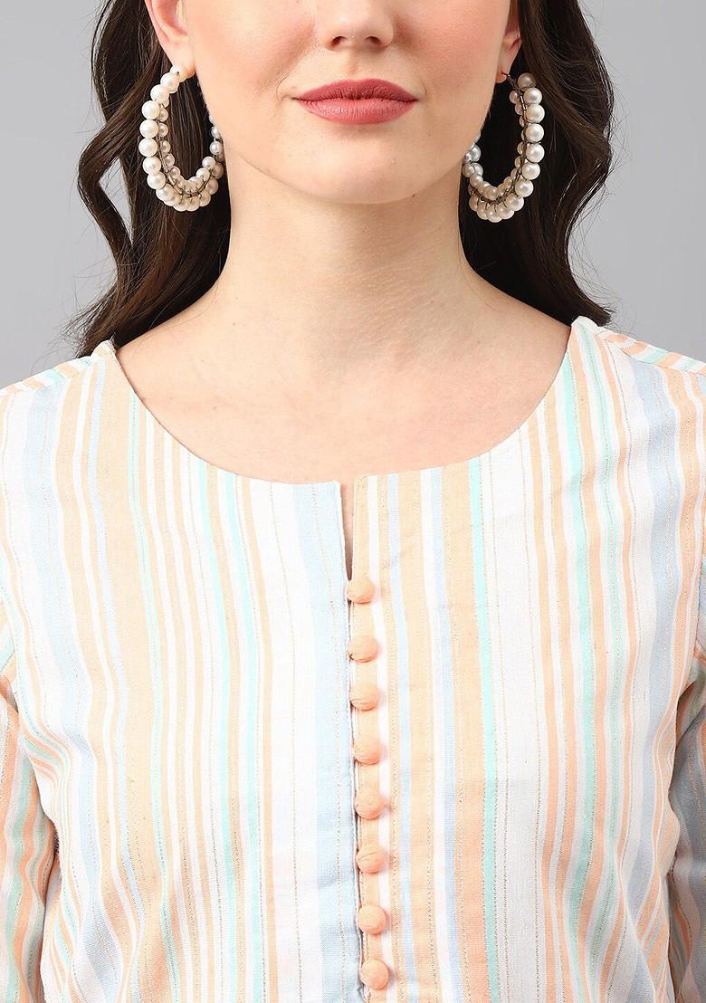 Peach Striped Print Poly Blend Kurta Set