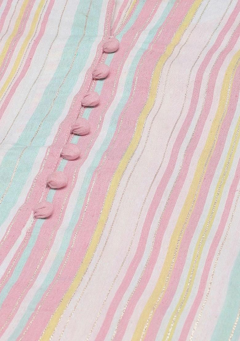 Pink Striped Print Poly Blend Kurta Set