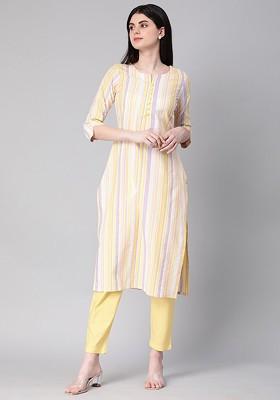 Yellow Striped Print Poly Blend Kurta Set