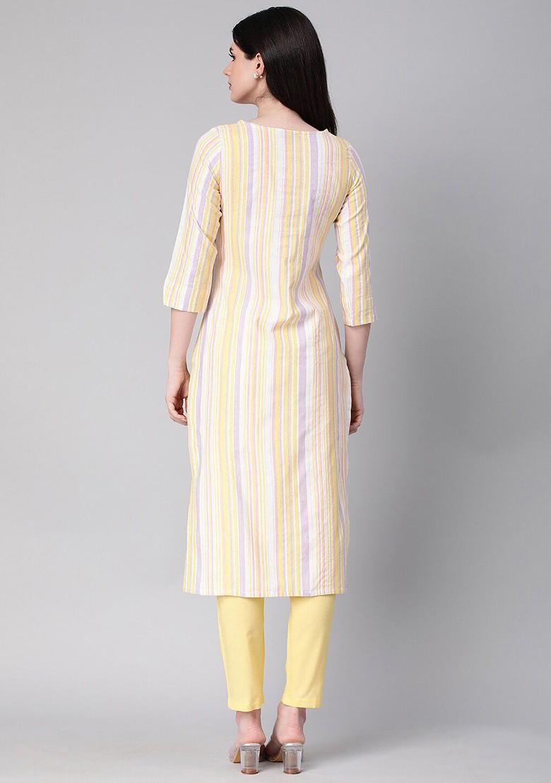 Yellow Striped Print Poly Blend Kurta Set