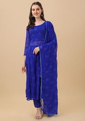 Blue Floral Embroidered Poly Blend Kurta Set