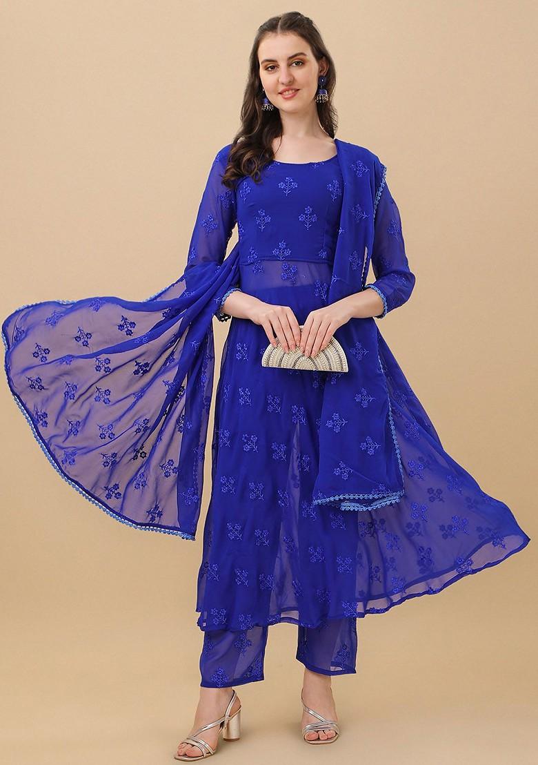 Blue Floral Embroidered Poly Blend Kurta Set