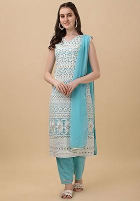 Turquoise Blue Floral Embroidered Poly Blend Kurta Set