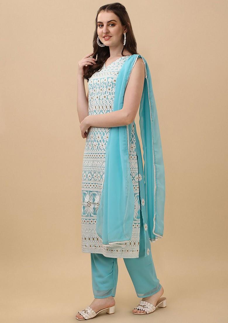 Turquoise Blue Floral Embroidered Poly Blend Kurta Set