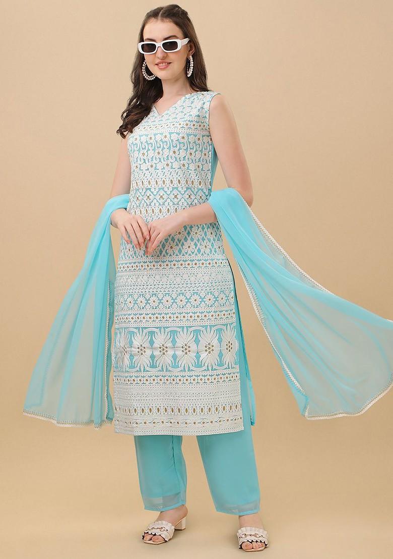 Turquoise Blue Floral Embroidered Poly Blend Kurta Set