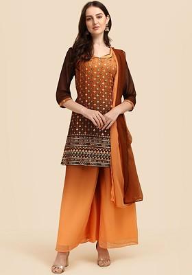 Brown Floral Embroidered Poly Blend Kurta Set