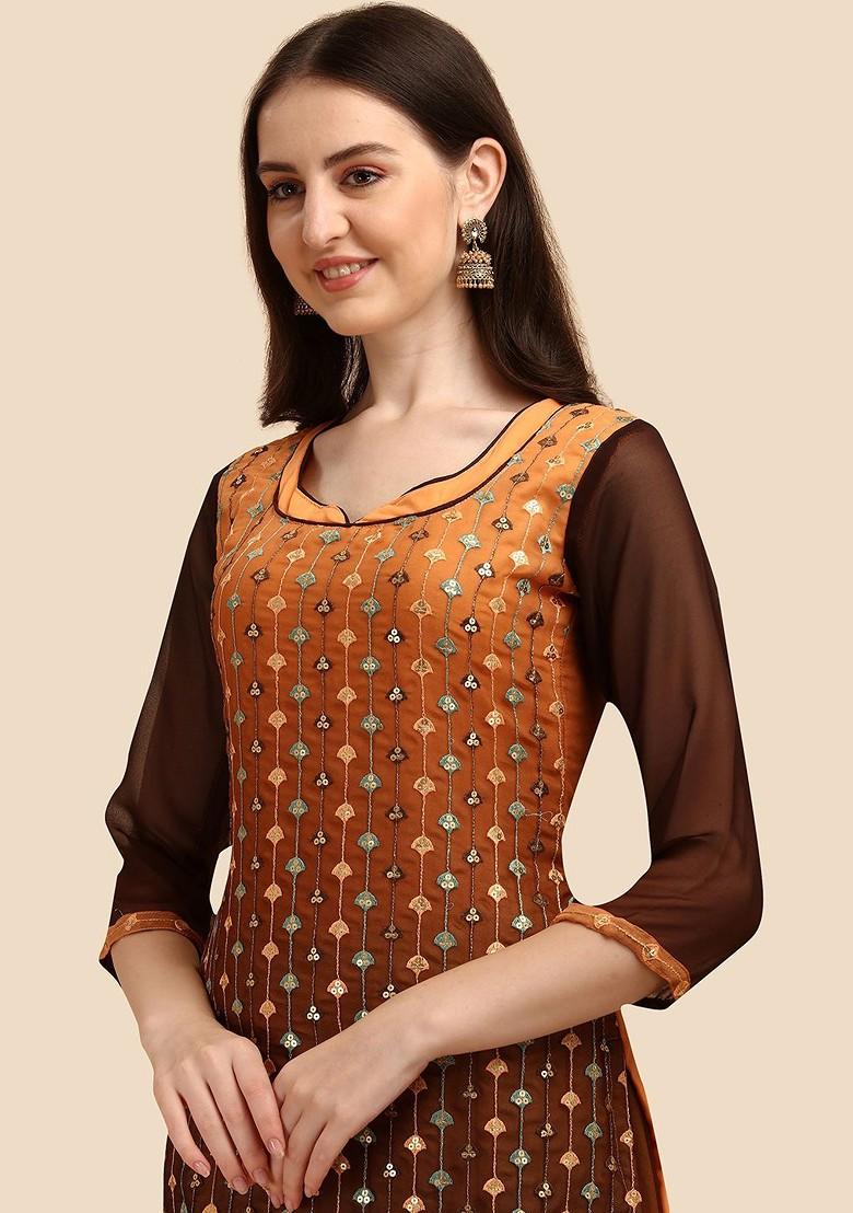 Brown Floral Embroidered Poly Blend Kurta Set