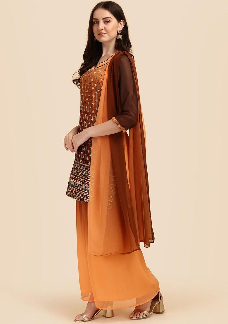 Brown Floral Embroidered Poly Blend Kurta Set