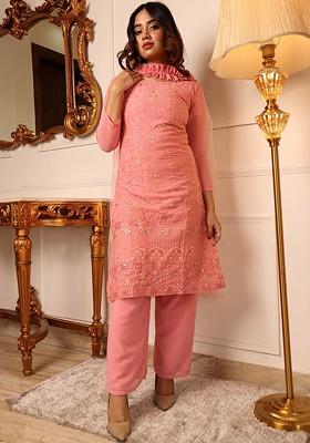 Pink Floral Embroidered Poly Blend Kurta Set