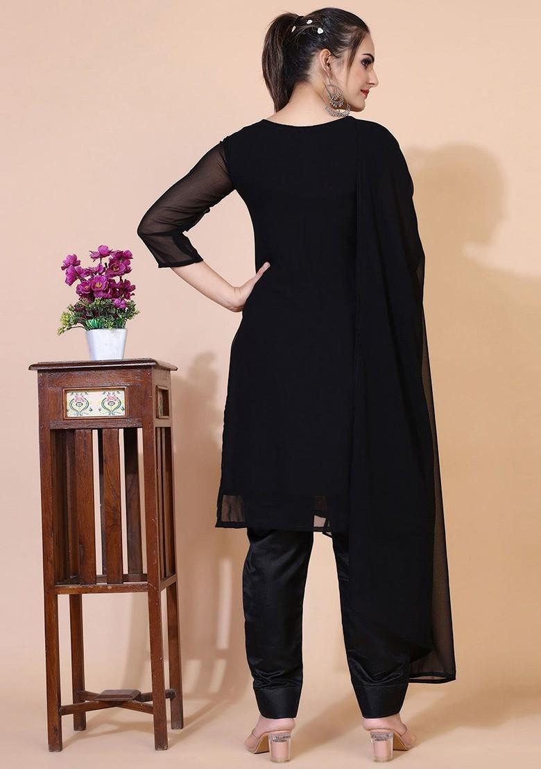Black Floral Embroidered Poly Blend Kurta Set