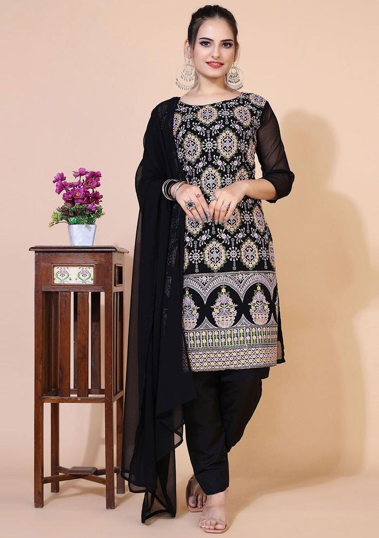 Black Floral Embroidered Poly Blend Kurta Set