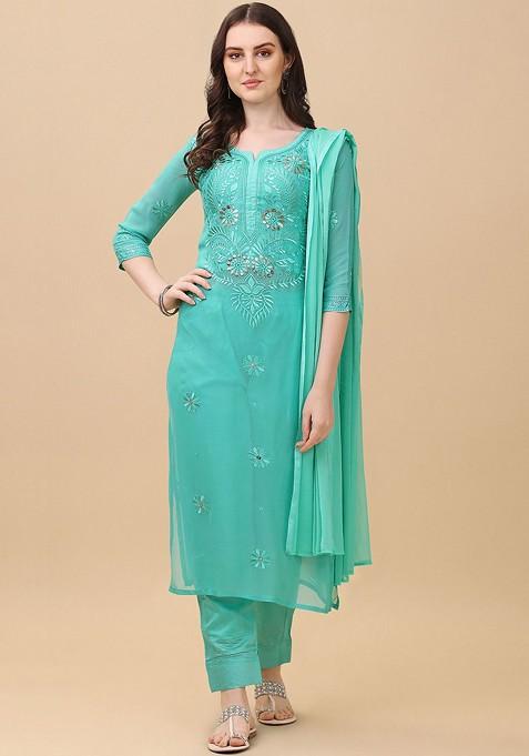 Sea Green Ethnic Motifs Embroidery Georgette Kurta Set