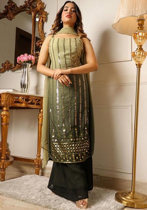 Green Embroidered Poly Blend Kurta Set