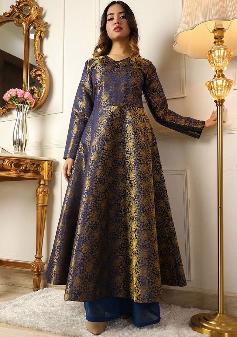 Blue Ethnic Motifs Embroidery Poly Blend Kurta Set