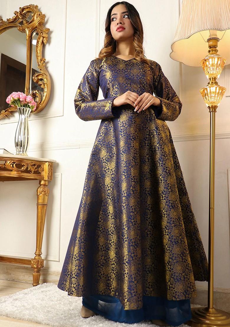 Blue Ethnic Motifs Embroidery Poly Blend Kurta Set