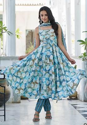 Blue Floral Print Cotton Kurta Set
