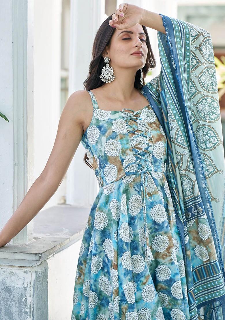 Blue Floral Print Cotton Kurta Set