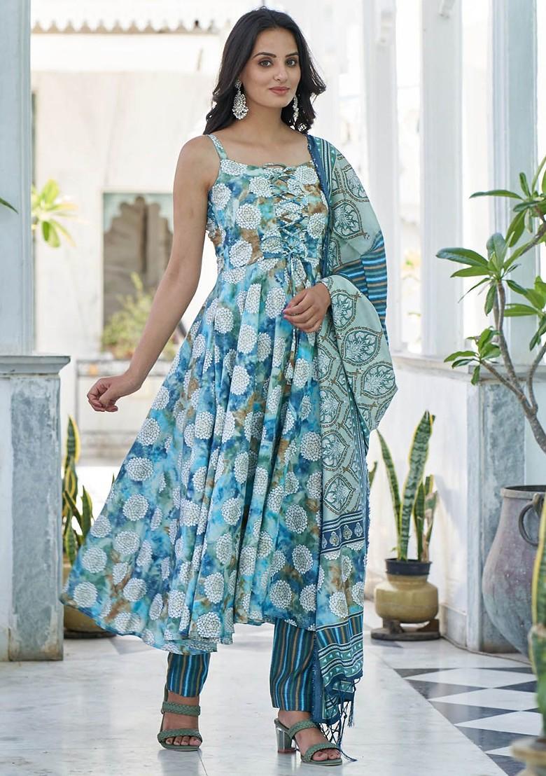 Blue Floral Print Cotton Kurta Set