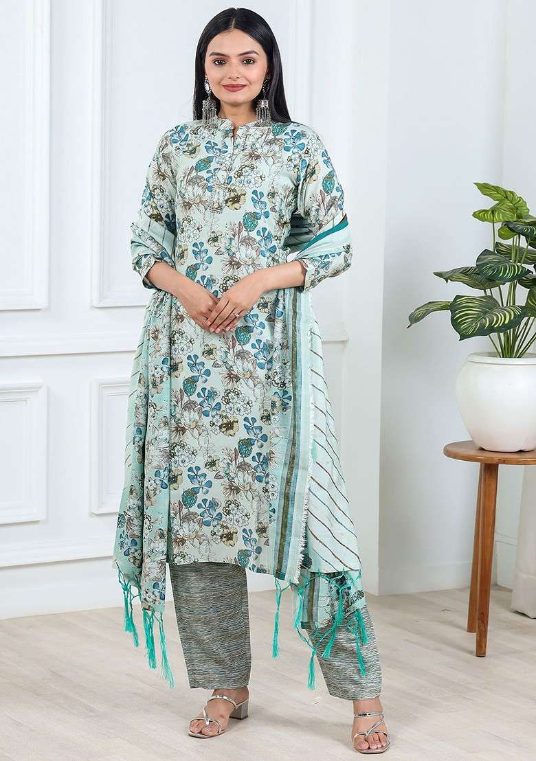 Green Floral Print Poly Straight Kurta Set - Indya
