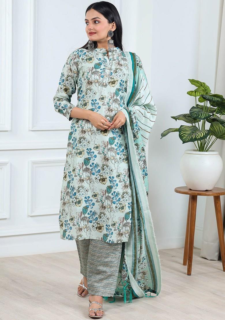 Green Floral Print Poly Blend Kurta Set
